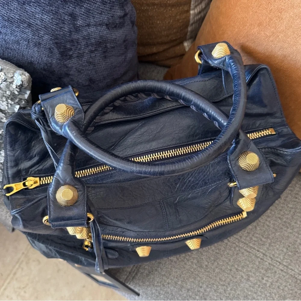 Vintage Balenciaga Marine Blue Leather Giant 21 Gold Brief Bag